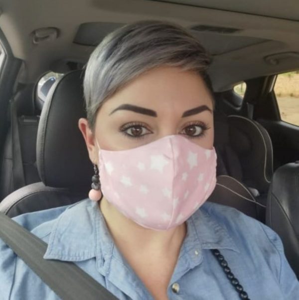 Pink mask in use